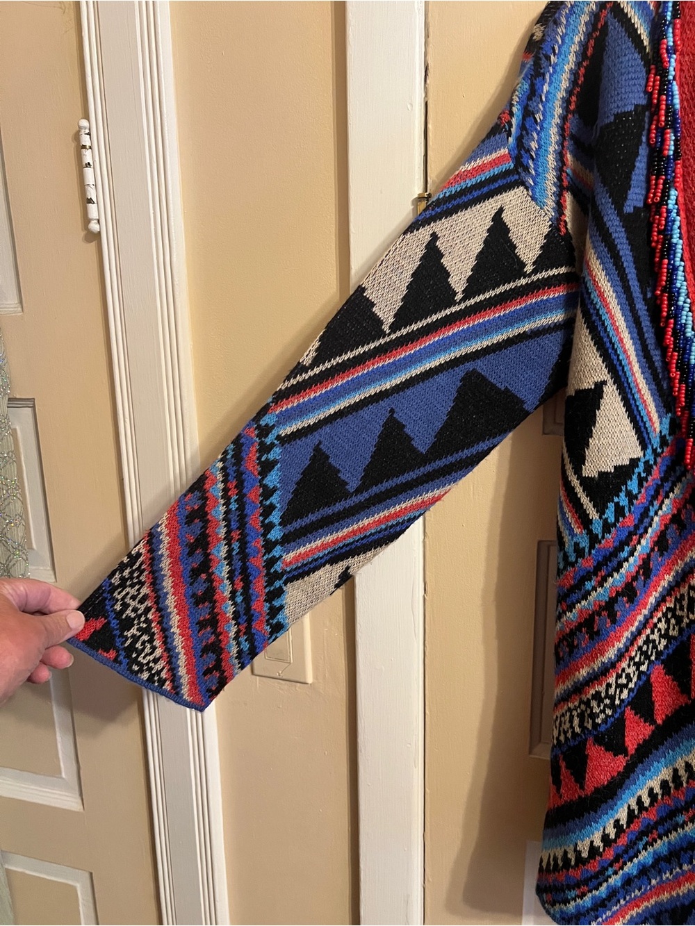 FARM Rio Geometric Open-Front Cardigan Sweater - Blue, Red, Black, Cream - Picture 6 of 8